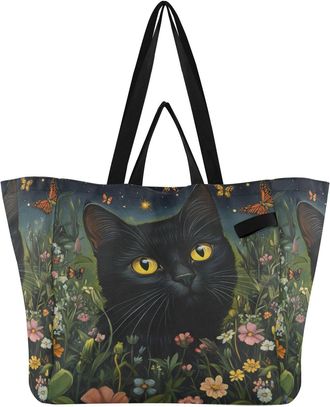 Generic Black Cat Flower pattern Reusable Canvas Tote Bag, Heavy Duty Grocery Shopping Bag with Hard Bottom Large Capacity Double Handles Work Groceries Trave