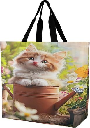 Generic Cute Cat Sitting in Flower Pots Reusable Shopping Bags Large Capacity Grocery Bag Heavy Duty Tote for Women 40x40x16cm