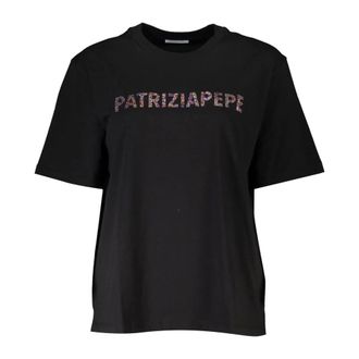 Patrizia Pepe Patrizia Pepe, T-Shirts, female, Black, Size: XS Short Sleeve Cotton T-Shirt with Rhinestone Logo