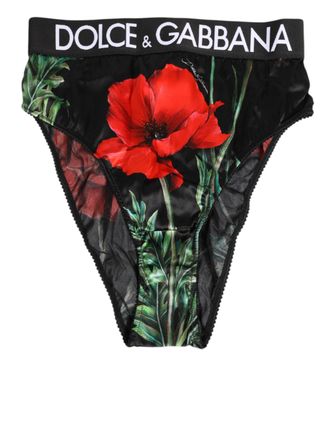 Dolce & Gabbana Black Floral Print High Waist Sheer Mesh Womens Underwear