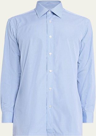Charvet Mens Cotton Point Collar Micro-Plaid Sport Shirt