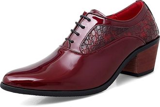 Generic Oxford Shoes for Men Lace Up Round Toe Patent Leather Faux Leather Slip Resistant Rubber Sole Low Top Block Heel Anti-Slip Party(Red,6.5 UK)