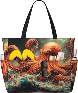 Generic Ocean Octopus Print Large Beach Bag Foldable Travel Shoulder Tote Bag With Pocket For Weekender Pool Vacation
