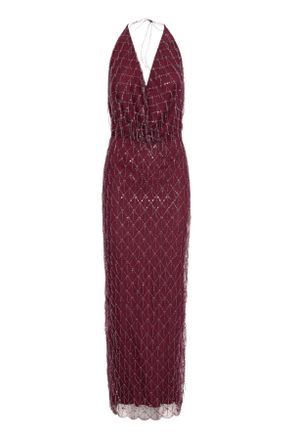 Rotate Red Sequined Halterneck Open Back Long Dress