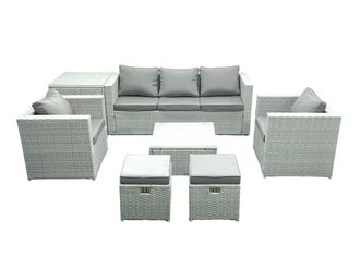 Fimous 7 Seater Rattan Garden Furniture Set with 3 Seater Sofa 2 Chair Square Coffee Table 2 Small Footstools Side Table Light Grey Mixed