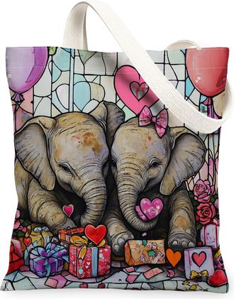 Generic Canvas Tote Bag for Shopping 13x15, Stained Glass Animal Couple Reusable Grocery Print Bag for Women, Wildlife Beach Aesthetic Painting Gift Decor