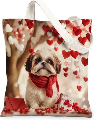 Generic Valentines Day Shih Tzu Dog Canvas Tote Bag for Shopping 13x15, Fun Heart Tree Puppy Reusable Grocery Print Pattern Bag for Women, Pet Beach Aesthetic
