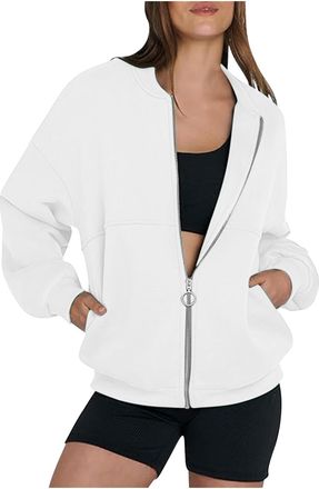 Generic Womens Sweatshirt Jacket, Zip Up Long Sleeve Autumn Winter Jacket Comfortable Warm Oversized No Hood Sweatshirt Outwear with Pockets Sports Workout Ru