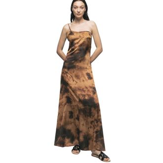 Ga&euml;lle Paris Een-schouder satijnen lingeriejurk Beige - Dames - Maxi kleedjes - Beige - L - Satijn - Kleedjes