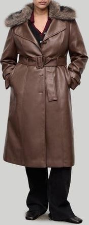 Mango Fernanda Faux Leather Belted Coat with Removable Faux Fur Trim in Medium Brown at Nordstrom Rack, Size X-Small