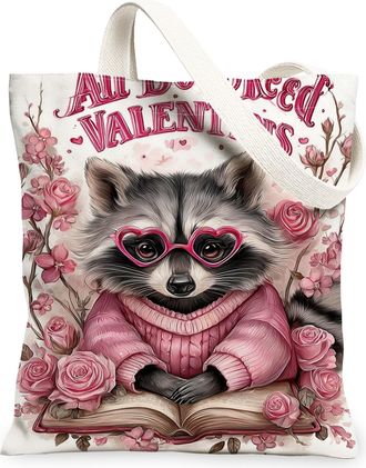 Generic ValentineS Floral Canvas Tote Bags, Cute Animal Print Reusable Shopping Bags, Lightweight Washable Shoulder Strap Canvas F, Peach, 13x15 Inch