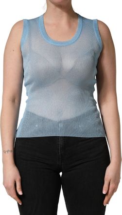 Dolce & Gabbana Womens Blue Semi Sheer Ribbed Sleeveless Tank Top Polyester