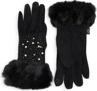 Nanette Lepore Jacquard Gloves with Faux Fur Trim in Black at Nordstrom Rack