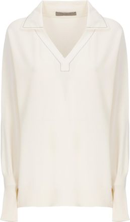 D.exterior Ivory Embellished Viscose Long-Sleeve Polo Shirt
