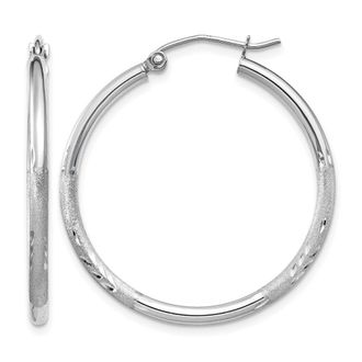 Diamond2Deal 14k Gold Satin & Diamond-cut 2x30mm Round Hoop Earrings