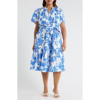 Sugarlips Glantis Floral Cora Button Midi Dress in White-Blue-Multi at Nordstrom, Size 1 X