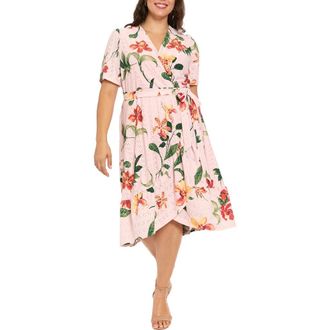 London Times Floral Short Sleeve Faux Wrap Dress in Pink/Yellow at Nordstrom Rack, Size 16W