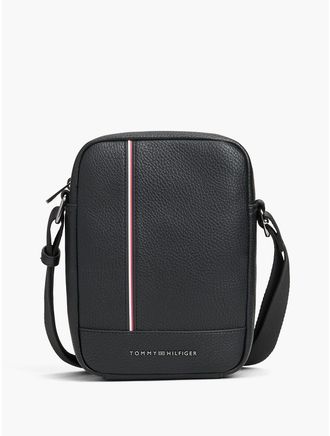 Tommy Hilfiger Mens Signature Stripe Pebbled Mini Reporter Bag - Black