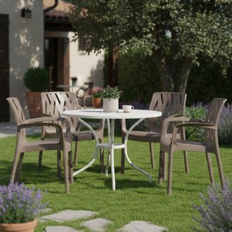 Dmora Silla De Exterior Rumley, 4 Sillas Apilables Made In Italy, Con Brazos, Beige