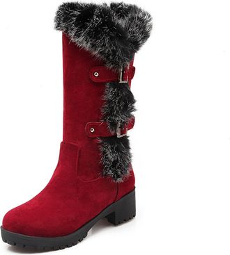 Generic Womens Faux Suede Winter Boots with Buckle Block Heel Platform Long Boots Round Toe Mid-Calf Boot,Red,6.5 UK