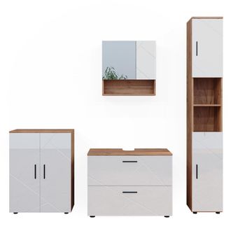 Vicco Conjunto De Muebles De Ba&ntilde;o Irma, Blanco Brillo Intenso/roble Dorado, 4 Piezas, Con Cajonera Y Mueble Alto