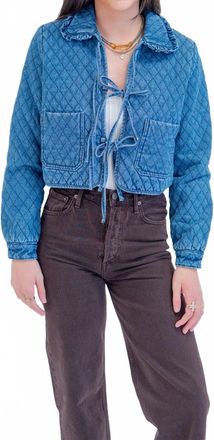 So Me Ruffle Collared Denim Quilted Jacket In Mid-Blue Wash