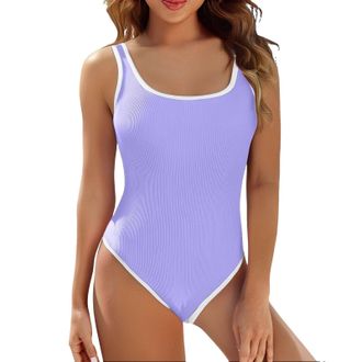 Generic Women Swimsuit One Piece Tummy Control Ruched Front Low Back Plus Size Swimming Costume Athletic Beach Wear for Summer Vacation Light Purple