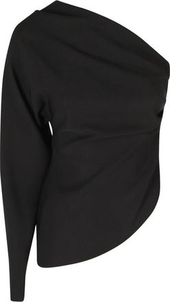 Federica Tosi Blouse met &eacute;&eacute;n schouder en draperie - Dames - Blouses - Zwart - XS - Polyester - Overhemden