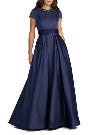 Mac Duggal Womens Embellished Satin Cap Sleeve Gown With Pockets in Midnight at Nordstrom, Size 12