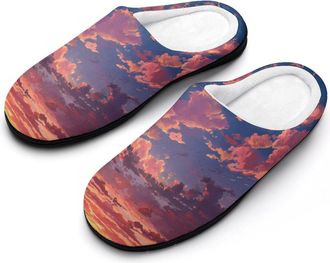 Generic Sunset Sky Scattered Clouds Mens Warm Slippers Non-Slip Sole Winter Rubber Cotton Shoes for Bedroom
