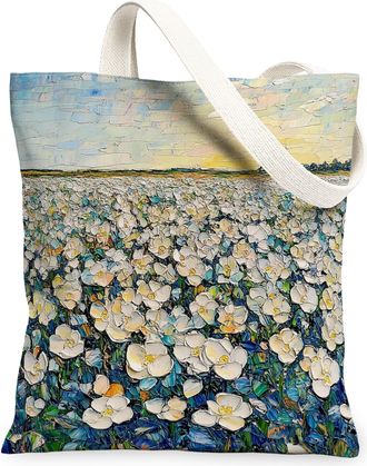 Generic Spring Gardenia Flower Canvas Tote Bag for Shopping 13x15, Florals Landscape Reusable Grocery Print Pattern Bag for Women, Nature Scenic Beach Aesthet