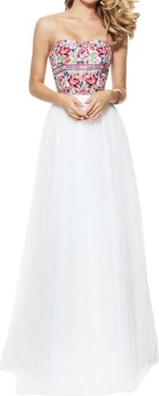 Sherri Hill Embroidered Strapless Prom Dress In Ivory/multi