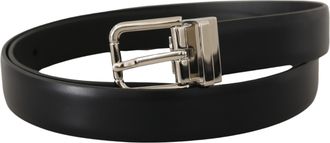 Dolce & Gabbana Black Calf Leather Silver Metal Logo Buckle Mens Belt (Pre-Owned)