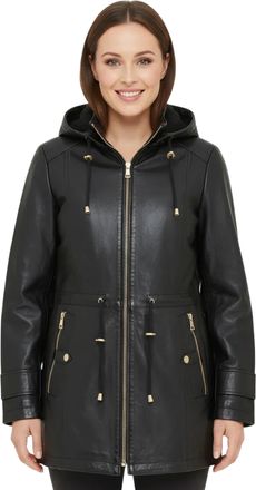 Infinity Leather Womens Black Parka Removable Borg Hooded Trench Coat - Emilia Lamb Leather - Size 20 UK