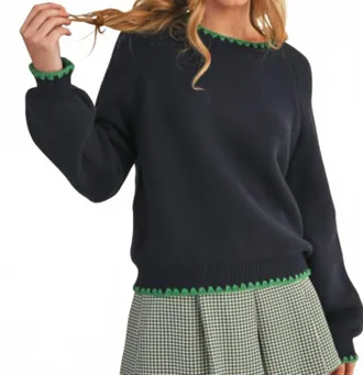 Merci Contrast Puff Sleeve Sweater In Navy/green
