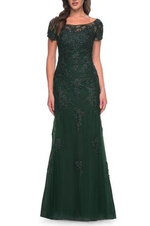 La Femme Lace and Net Fitted Long Mother of the Bride Dress in Dark Emerald at Nordstrom, Size 18