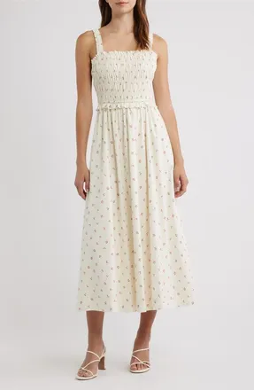 Lulus Amarena Smocked Midi Dress in Cream Multi at Nordstrom, Size X-Large
