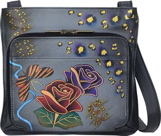 Anuschka Womens Handpainted Leather Slim Shoulder Organizer, Rose Safari Grey, One Size