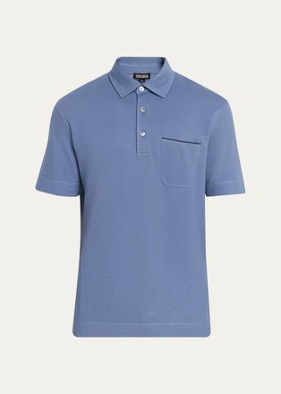 Ermenegildo Zegna Mens Cotton Pique Polo Shirt with Leather-Tipped Pocket