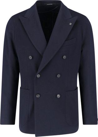 Tagliatore Navy Blue Double-Breasted Cashmere Blazer with Peak Lapel