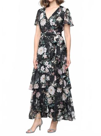 S.L. Fashions Tiered Chiffon Gown In Black Multi