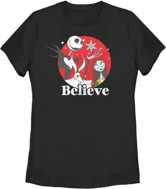 The Nightmare Before Christmas Womens The Nightmare Before Christmas Christmas Believe Jack and Sally Graphic T-Shirt in Black at Nordstrom, Size Medium
