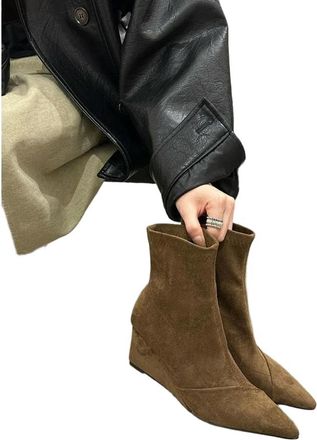 Generic GLDFW Pointed Toe Thick Heel Burgundy Slim Boots Spring Autumn Low Heel Short Boots Fashionable Womens Ankle