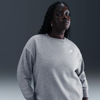 Nike Womens Nike Sportswear Club Fleece Loose Crew-Neck Sweatshirt (Plus Size) in Grey | HV2328-063