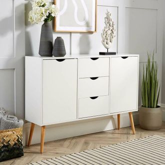 Home Source Industries Home Source - Sideboard White Storage Cabinet 2 Door 3 Drawer Cupboard Solid Wood Legs Scandi