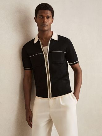 Reiss Black & stone Compact-knit Tipped Zip-through Shirt, S