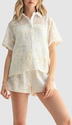 Lush Lace Trim Button-Up Shirt in Cream Crochet at Nordstrom Rack, Size Medium