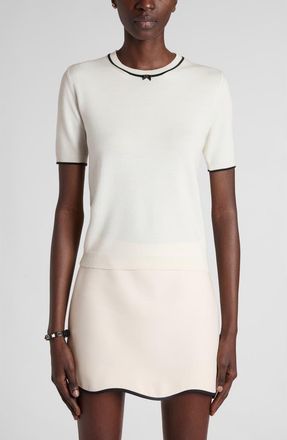 Valentino Garavani Tipped V-Detail Short Sleeve Wool Sweater in Ivory/black at Nordstrom, Size X-Small