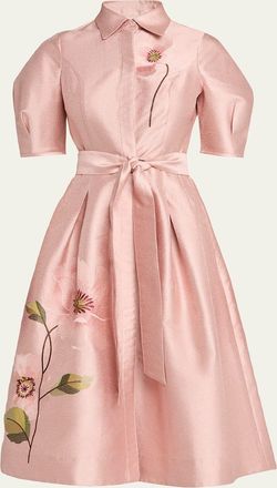 Teri Jon Floral-Embroidered Shimmer Jacquard Midi Shirtdress