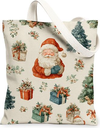 Generic Festive Canvas Tote Bags, Charming Holiday Pattern Reusable Shopping Bags, Vintage Christmas Design Lightweight Washable Tote for Gifts Shopping Trave